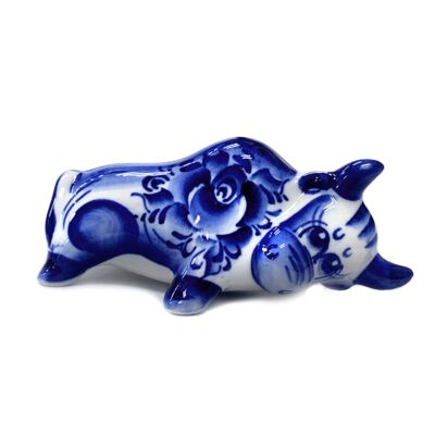 Blue and White Porcelain Laying Bull Figurine 