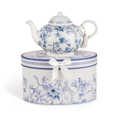 Vintage Blue Flowers New Bone China Teapot in Gift Box
