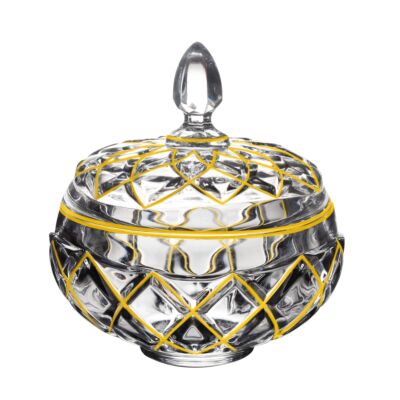 Glass Serving Bowl With Lid Bohemian Style Golden Rhombuses 