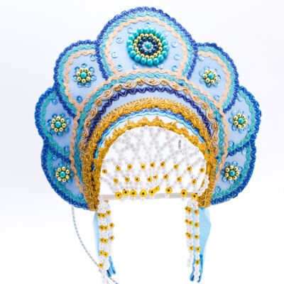 Handmade Gold and Blue Traditional Kokoshnik Headdress 