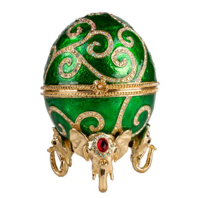 Imperial Green Swirl Egg Jewelry Box Sculpted Elephant Stand