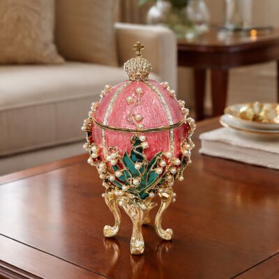 Pink Enamel Lilies of the Valley Imperial Egg Trinket Box