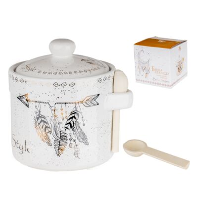 Boho Style Ceramic Honey Jar with Lid and Wooden Spoon