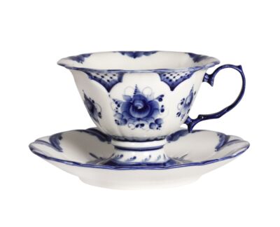 Moring Petals Teacup and Saucer Blue and White Gzhel Porcelain 