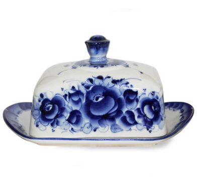 Rectangular Butter Dish Blue and White Gzhel Porcelain 