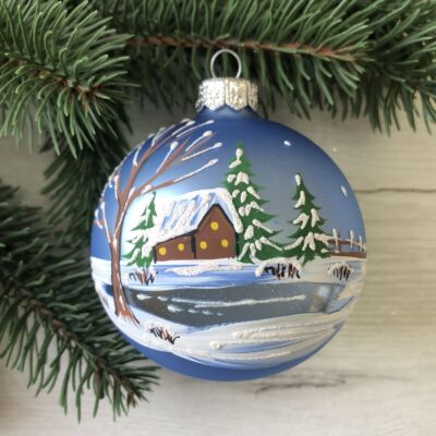 Christmas Village by the Frozen Lake — Hand-Painted Glass Christmas Ornament