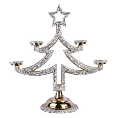 Golden Metal Christmas Tree Candle Holder with Crystals