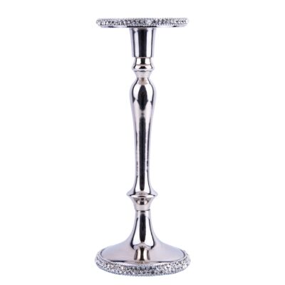 Large Silver Metal Candle Holder with Crystals