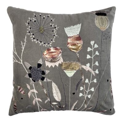 Forest Blooms Gray and Green Cotton Embroidered Square Decorative Pillow