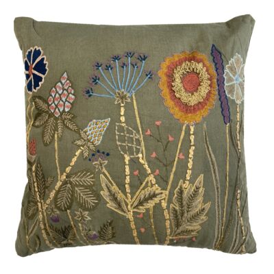 Wild Flowers Cotton Embroidered Square Decorative Pillow in Light Gray