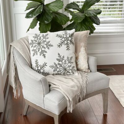 Snowflakes in Grey Cotton Embroidered Square Pillow 
