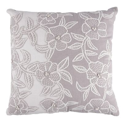 Silver Flowers Cotton Embroidered Square Decorative Pillow in Gray