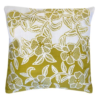 Green and Beige Flowers Cotton Embroidered Square Decorative Pillow