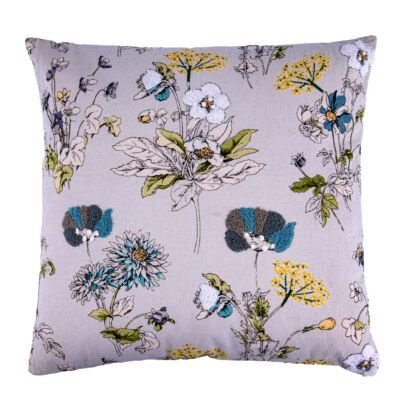Cornflowers and Dandelions Cotton Embroidered Square Decorative Pillow