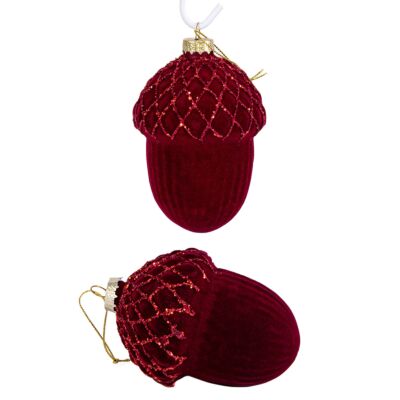 Red Velvet Acorn Glass Christmas Tree Ornaments Set of 2