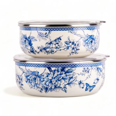 Bird of Paradise Vintage Enamel Stackable Storage Bowls Set of 2