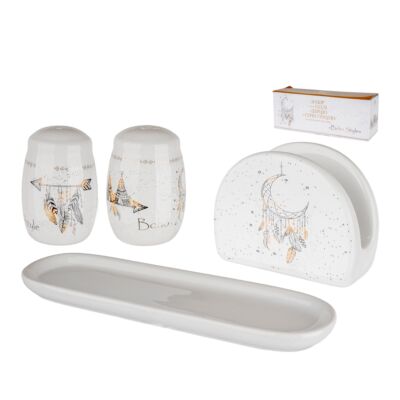 Boho Style Ceramic Salt and Pepper Shaker Set with Napkin Holder and Tray