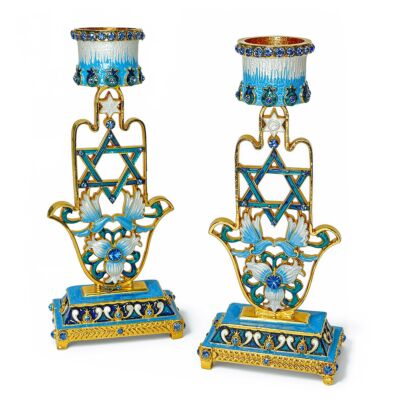 Handcrafted Jeweled Pomegranate Hamsa Shabbat Candlestick Holders set of 2
