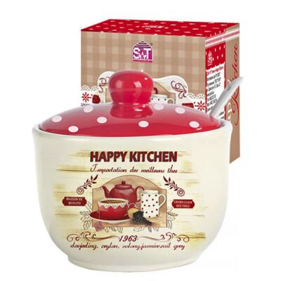 Ceramic Sugar Bowl Happy Kitchen with Spoon
