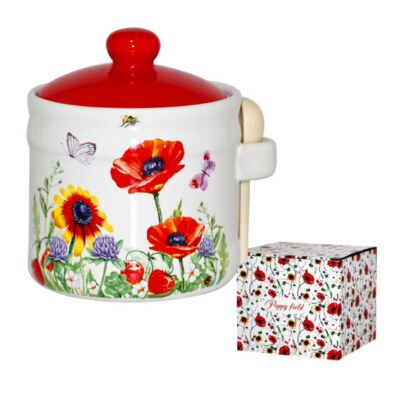 Poppies Ceramic Honey Jar with Lid and Wooden Spoon