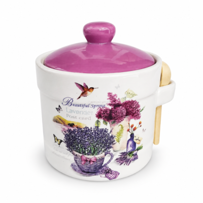 Provence Ceramic Honey Jar with Lid and Wooden Spoon