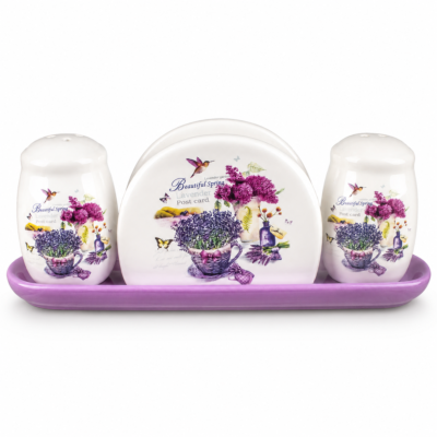 Provence Ceramic Salt Pepper Shaker Set with Napkin Holder and Tray