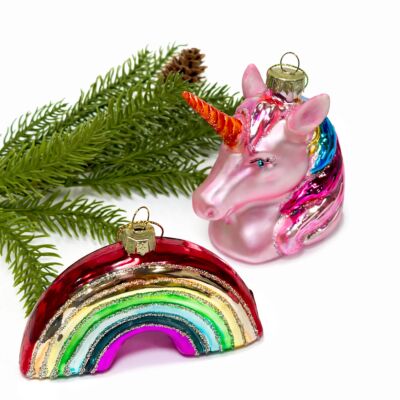 Unicorn and Rainbow Handmade Glass Ornament Set of 2
