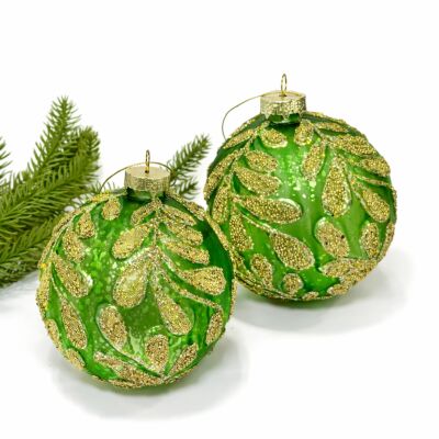 Green Forest Beaded Glass Christmas Ornament | 360° Holiday Design Set of 2
