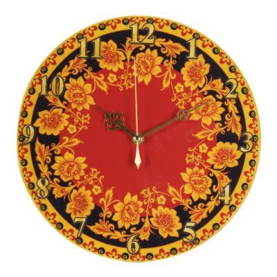 Red and Black Flowers Round Wooden Wall Clock