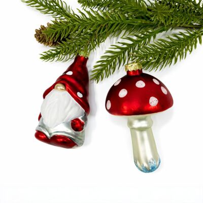 Woodland Gnome and Mushroom Christmas Tree Ornament Set of 2