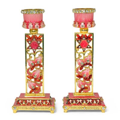 Handcrafted Jeweled Pink Pomegranate Shabbat Candlestick Holders set of 2