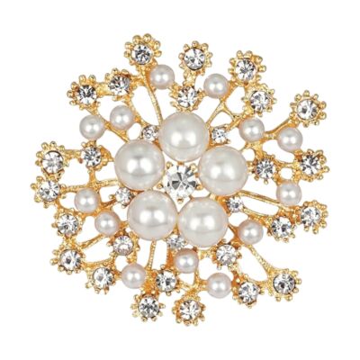 Golden Flower Enamel Rhinestone Brooch with Pearls