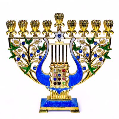Handcrafted Jeweled Harp Hanukkah Menorah in Gift Box