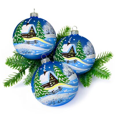 Christmas Village — Hand-Painted Glass Ornament Set of 3