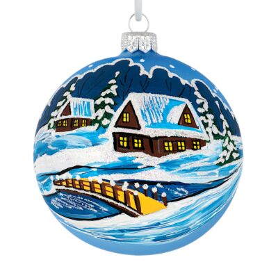 Christmas Village by the Bridge — Hand-Painted Glass Ornament