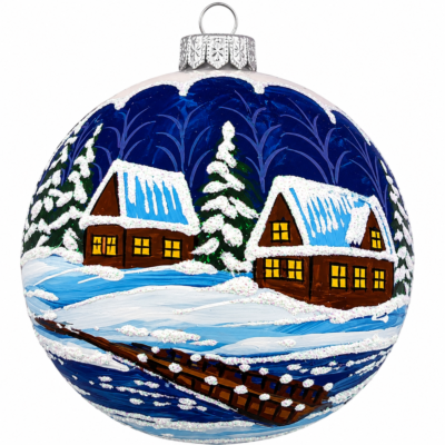 Christmas Village by the Bridge — Hand-Painted Glass Ornament