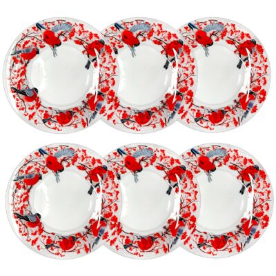 Bullfinches Winter Fun Glass Dessert Plate Set of 6