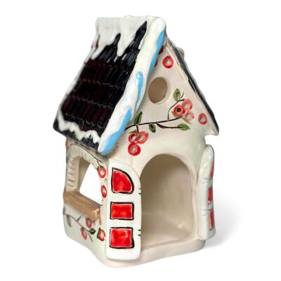 Christmas Village White Clay Candle House with Snowy Roof | Hand-Crafted