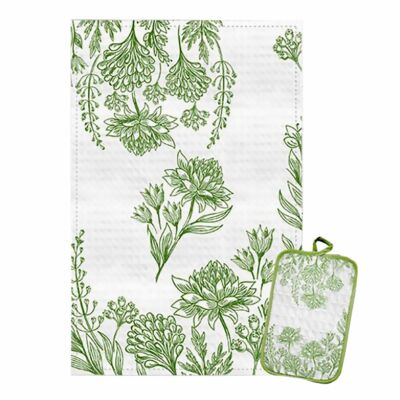 Green Florals Cotton Waffle Weave Kitchen Towel and Potholder Set