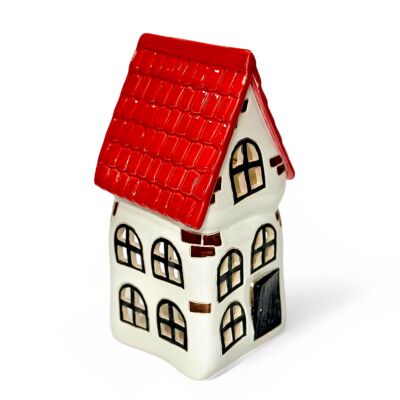 Christmas Village White Clay Candle House with Red Roof | Hand-Crafted