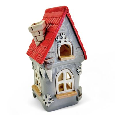 Christmas Village Grey Clay Candle House with Red Roof | Hand-Crafted