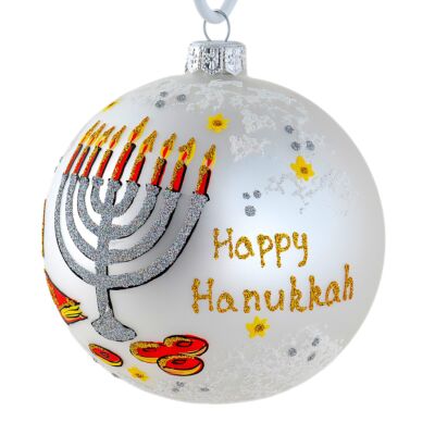 Silver Hanukkah Glass Hand Decorated Tree Ornament