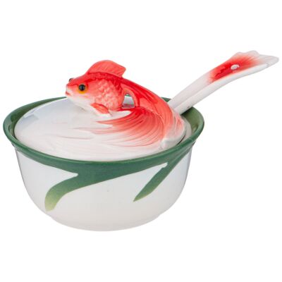 Gold Fish Porcelain Caviar Dish with Lid and Spoon