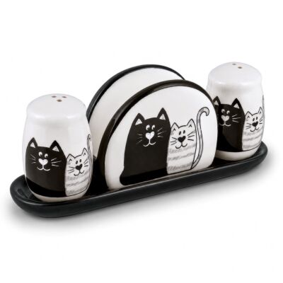 Kittens Ceramic Salt and Pepper Shaker with Napkin Holder  Tray