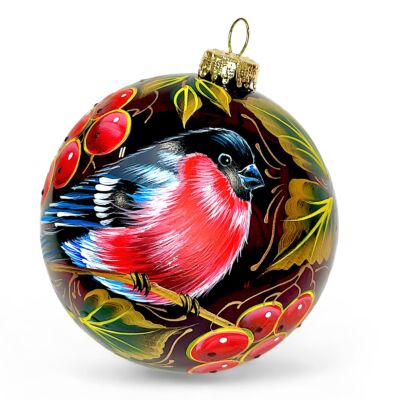 Collectible Hand-Painted Glass Ornament –Burgundy Bullfinch on Rowan Tree | Premium 360° Holiday Design