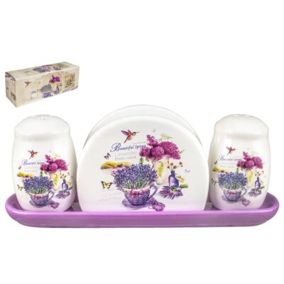 Provence Ceramic Salt Pepper Shaker Set with Napkin Holder and Tray
