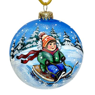 Collectible Hand-Painted Glass Ornament – Boy on Sled | Premium Holiday Design