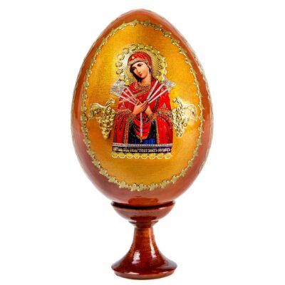 Seven Arrows Theotokos Handmade Wooden Lacquer Icon Egg on Stand