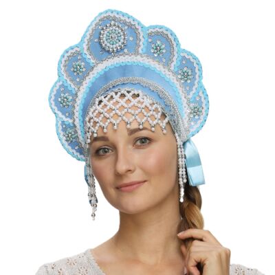 Light Blue Traditional Handmade Kokoshnik Headdress 