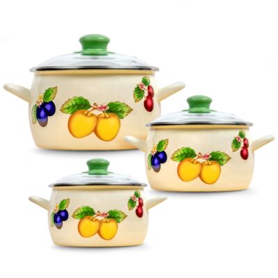 Fruits Enamel Casserole Set of 3 with Glass Lids